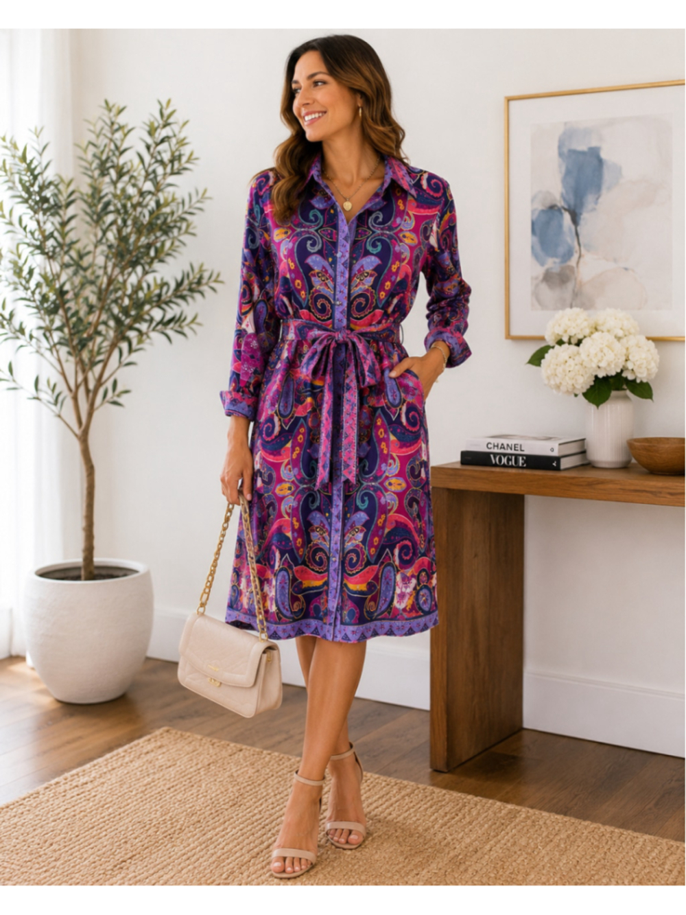 Robert Graham Silk Blend Paisley Shirt Dress Belted Purple Pink XL